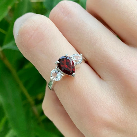 Elizabeth Ring | Red Garnet & White Topaz -UK/AU Size: N1/2