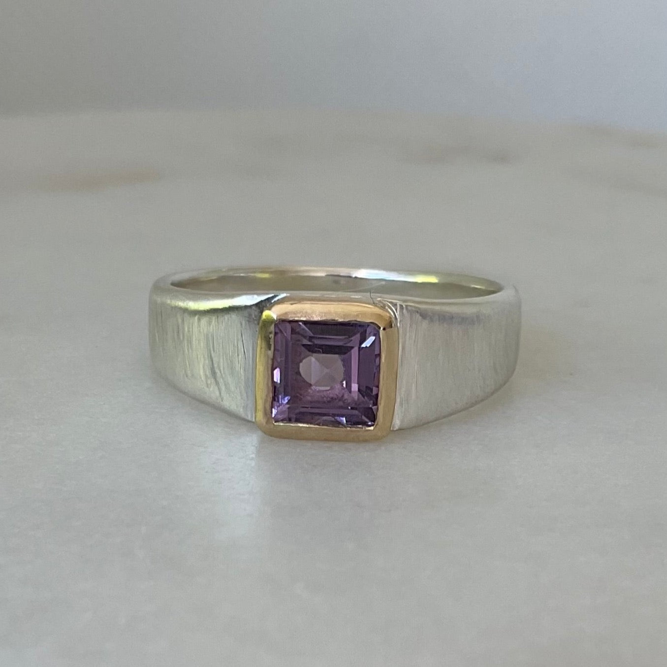 Square amethyst silver and gold  ring