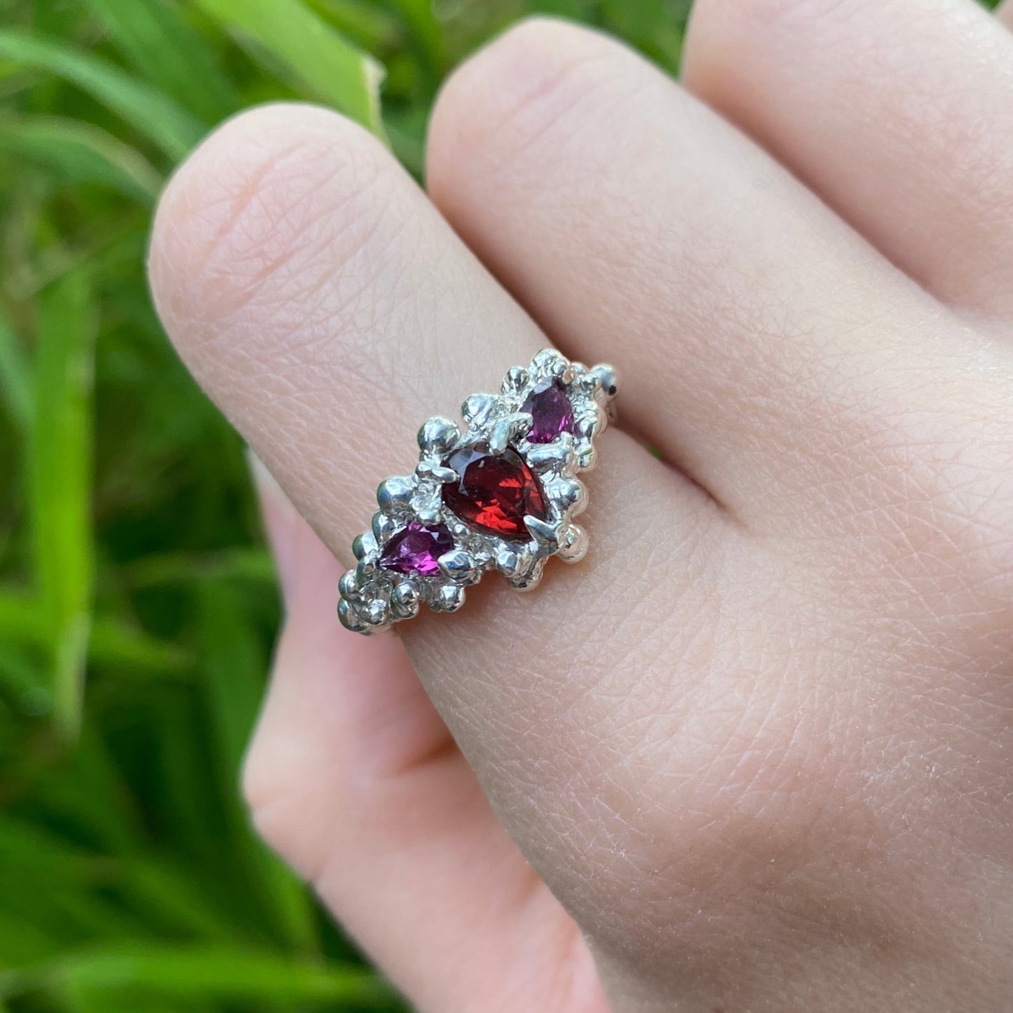 Pear shaped garnet, sterling silver ring