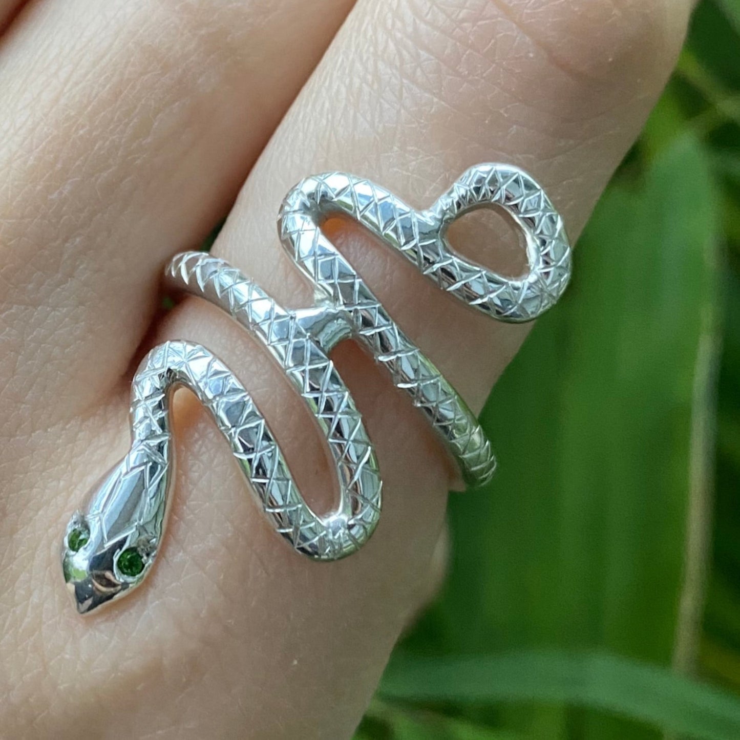 Sterling silver statement snake ring with gemstone eyes