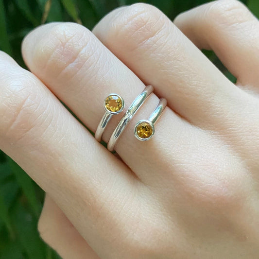 Silver citrine open ring on model