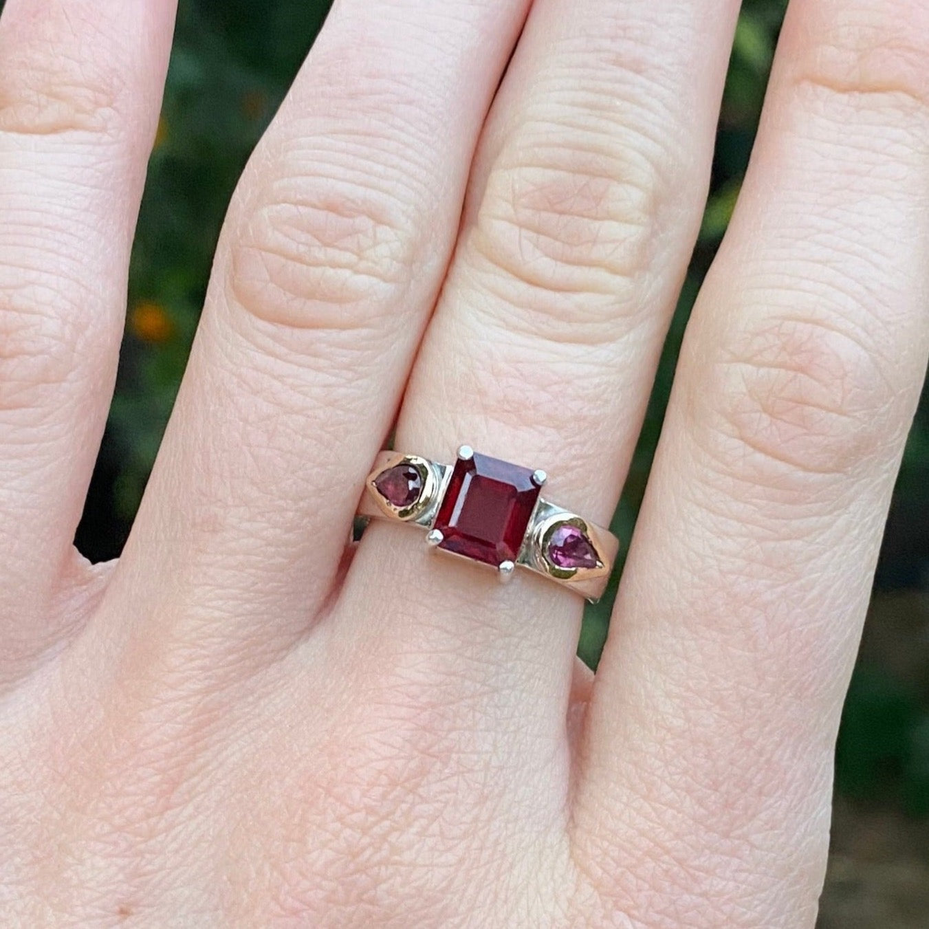 Garnet ring shown on model